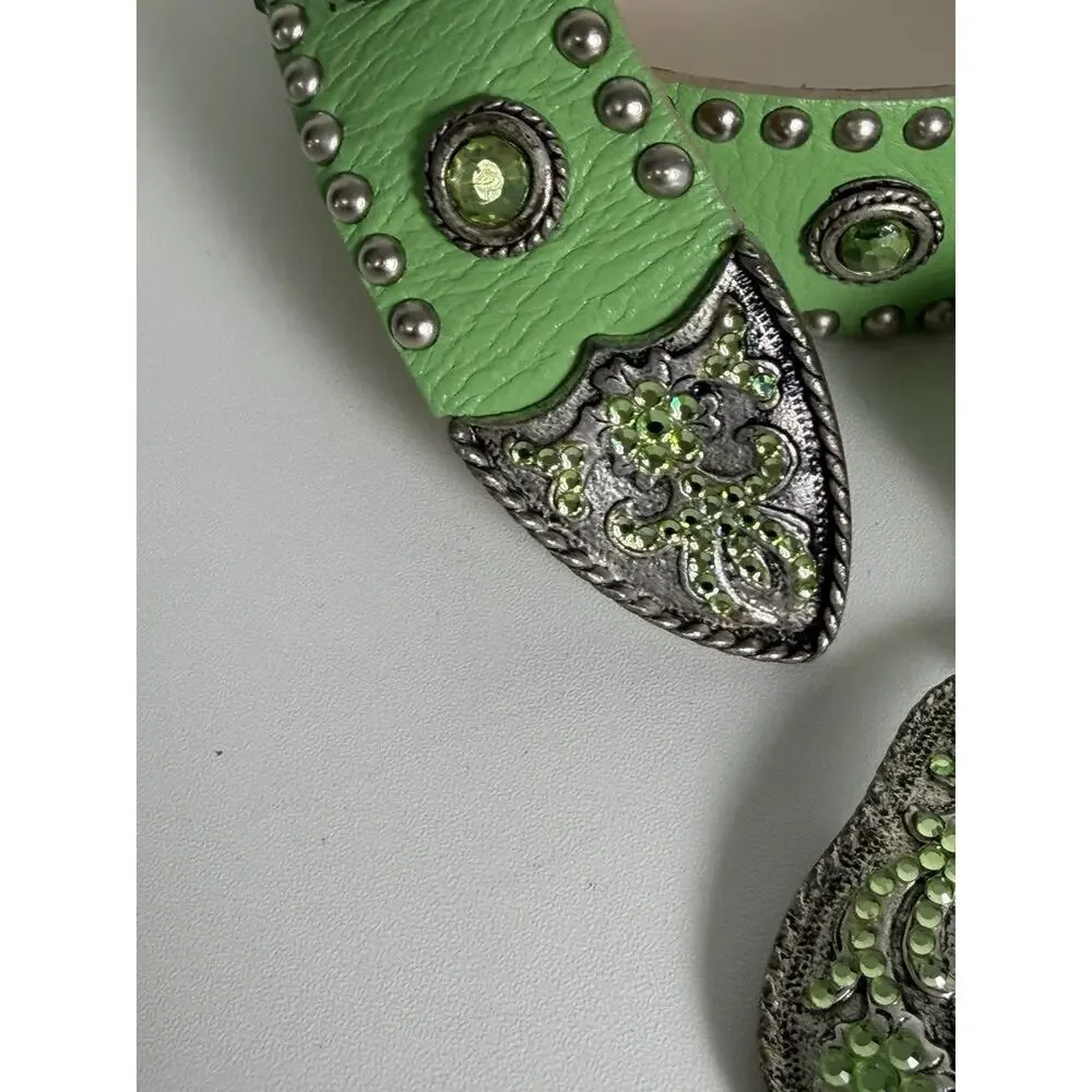 LEATHEROCK Belt Size 34 Leather Green Embellished Rhinestone Gems Studded 1594